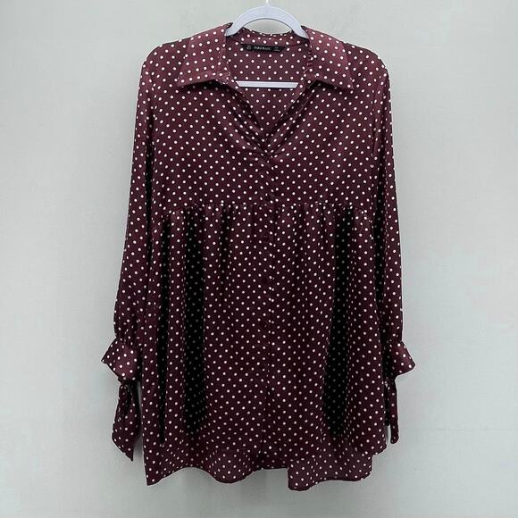 Zara Basic Brown Maroon Wine White Polka Dot Oversized Tunic Satin Blouse - Picture 1 of 6